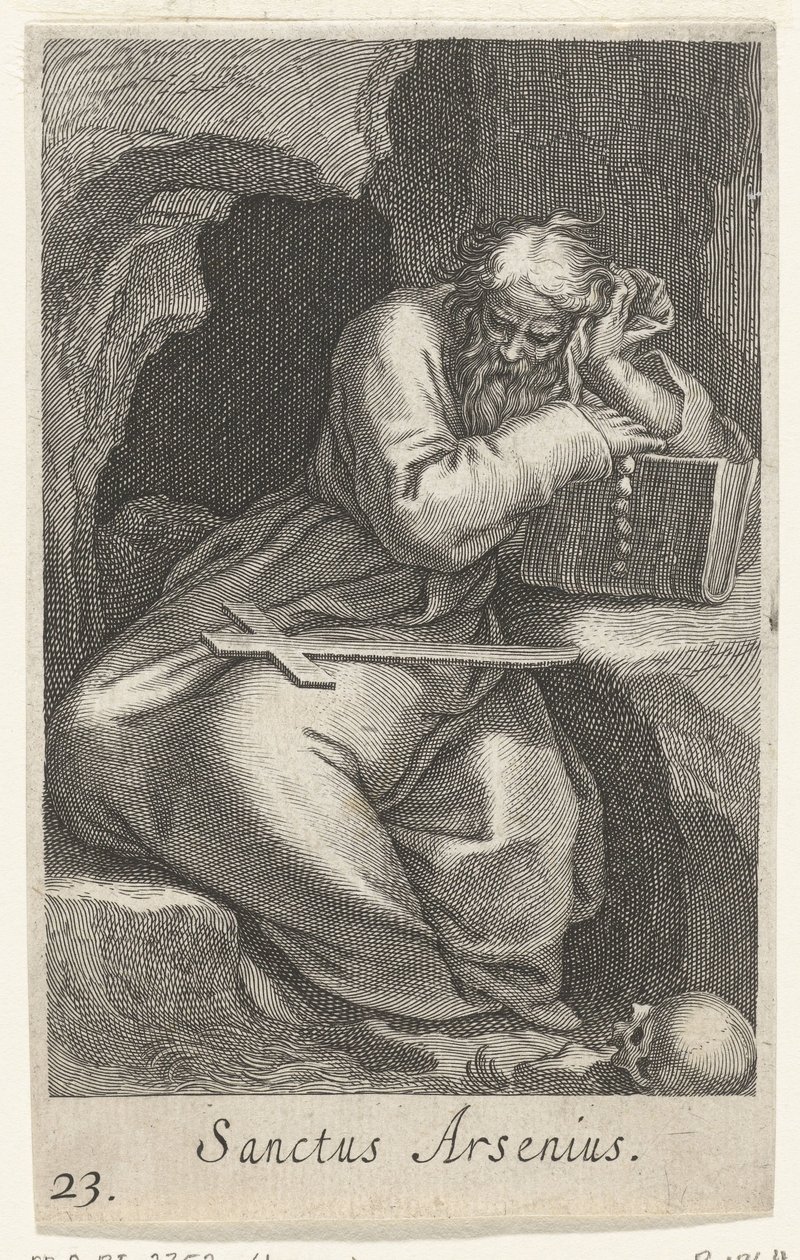 Svatý Arsenius Veliký jako poustevník Sanctus Arsenius (název na objektu) Hermits (název série) Sacra eremvs ascetarvm (název série) od Boëtius Adamsz. Bolswert