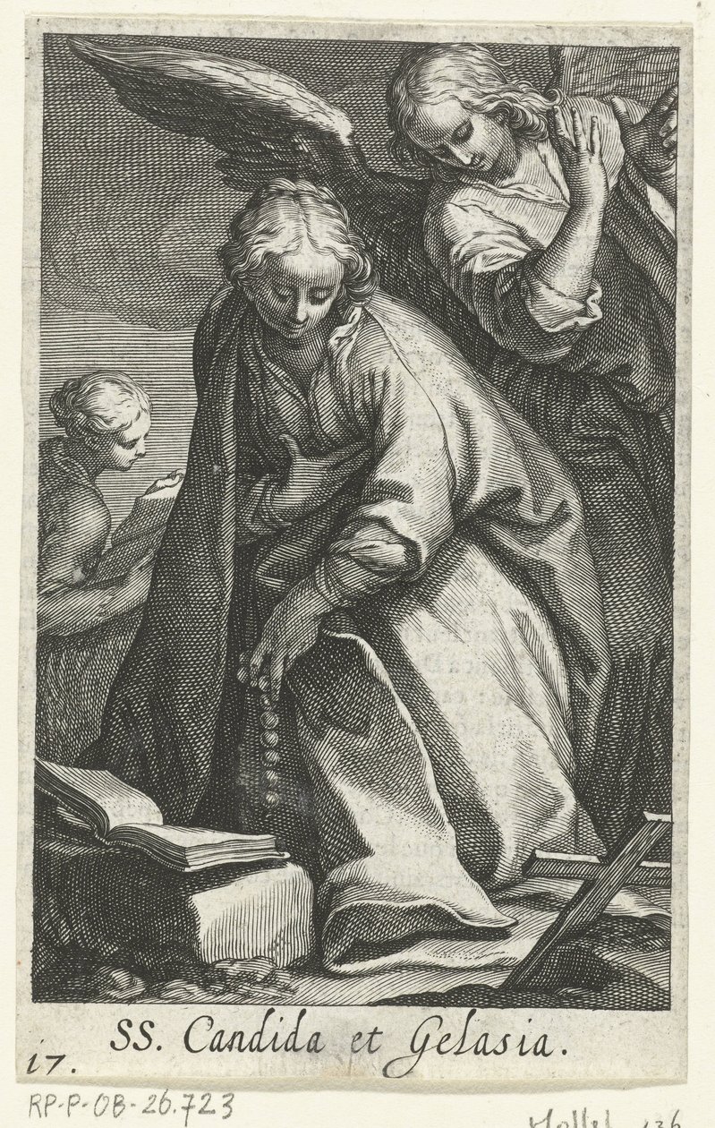 Svatá Candida a svatá Gelasia jako poustevníci s andělem SS. Candida et Gelasia (název na objektu) Hermitesses (název série) Sacra Eremus Ascetriarum (název série) od Boëtius Adamsz. Bolswert