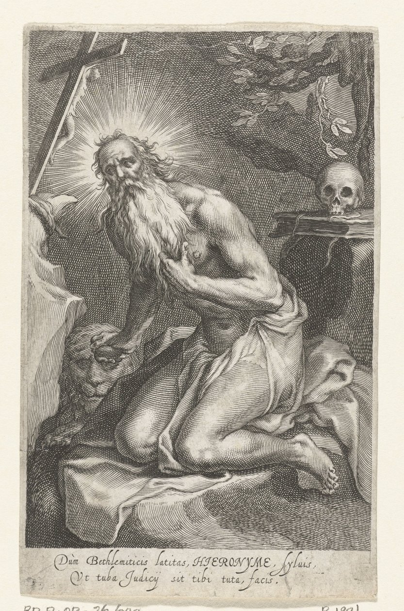 Svatý Jeroným z Betléma jako poustevník Dùm Bethlemiticis latitas (...) tibi tuta facis (titul na předmětu) Hermits (název série) Ad sacrum speculum (...) patribus that ales (název série) od Boëtius Adamsz. Bolswert