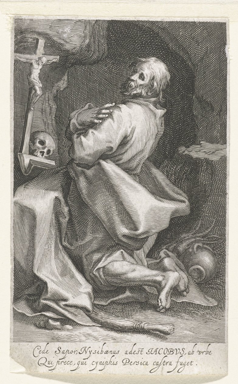 Heilige Jacobus van Nisibis als kluizenaar Vzdát se chuti Nysibaenus (...) Persica prchá z tábora (název na předmětu) Kluizenaars (název série) U posvátného zrcadla (...) dává křídla otcům (název série) od Boëtius Adamsz. Bolswert