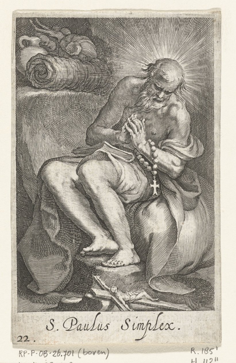 Svatý Pavel z Egypta jako poustevník S. Paulus Simplex (název na objektu) Hermits (název série) Sacra eremvs ascetarvm (název série) od Boëtius Adamsz. Bolswert