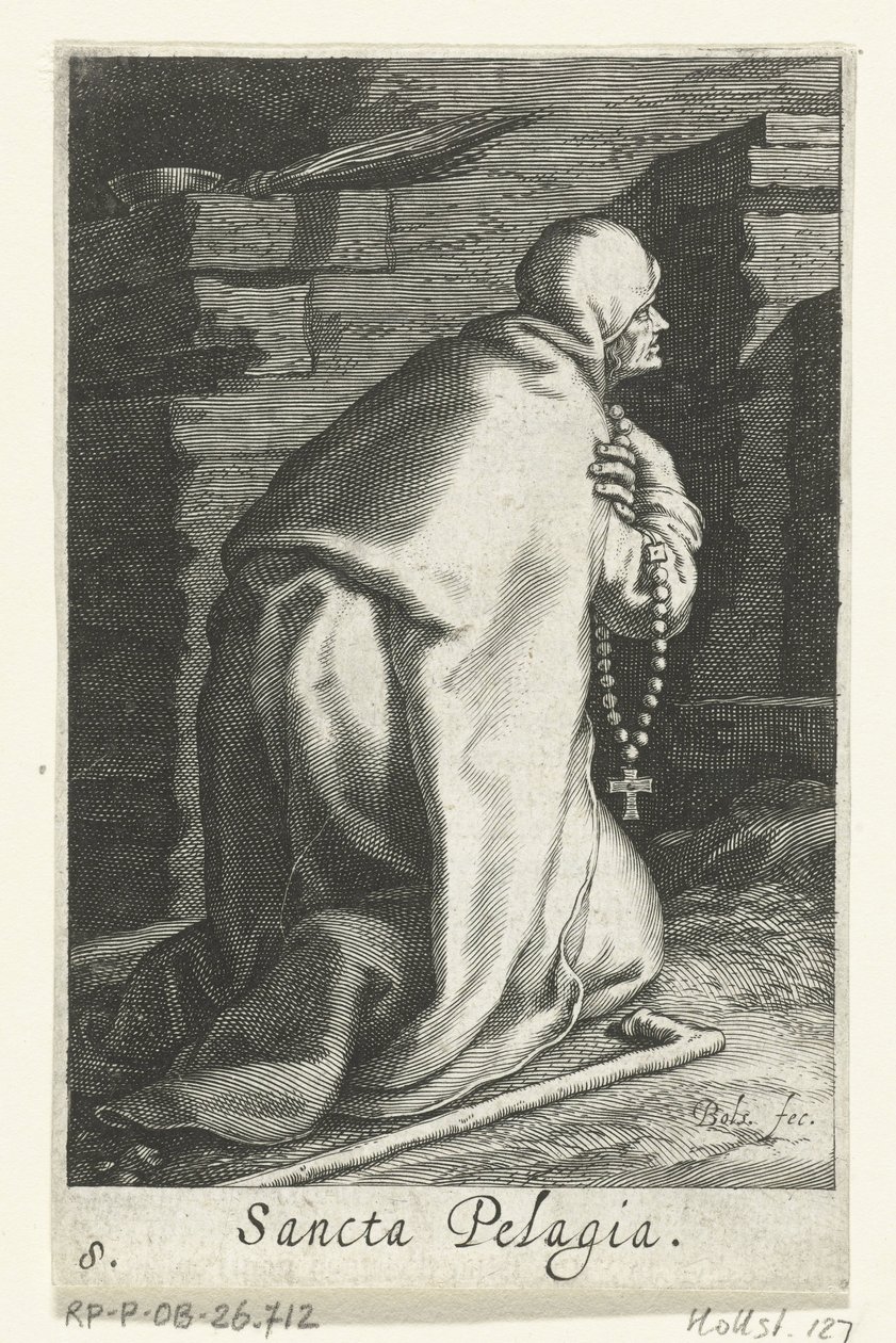 Svatá Pelagia z Antiochie jako poustevnice Sancta Pelagia (název na objektu) Hermitesses (název série) Sacra Eremus Ascetriarum (název série) od Boëtius Adamsz. Bolswert