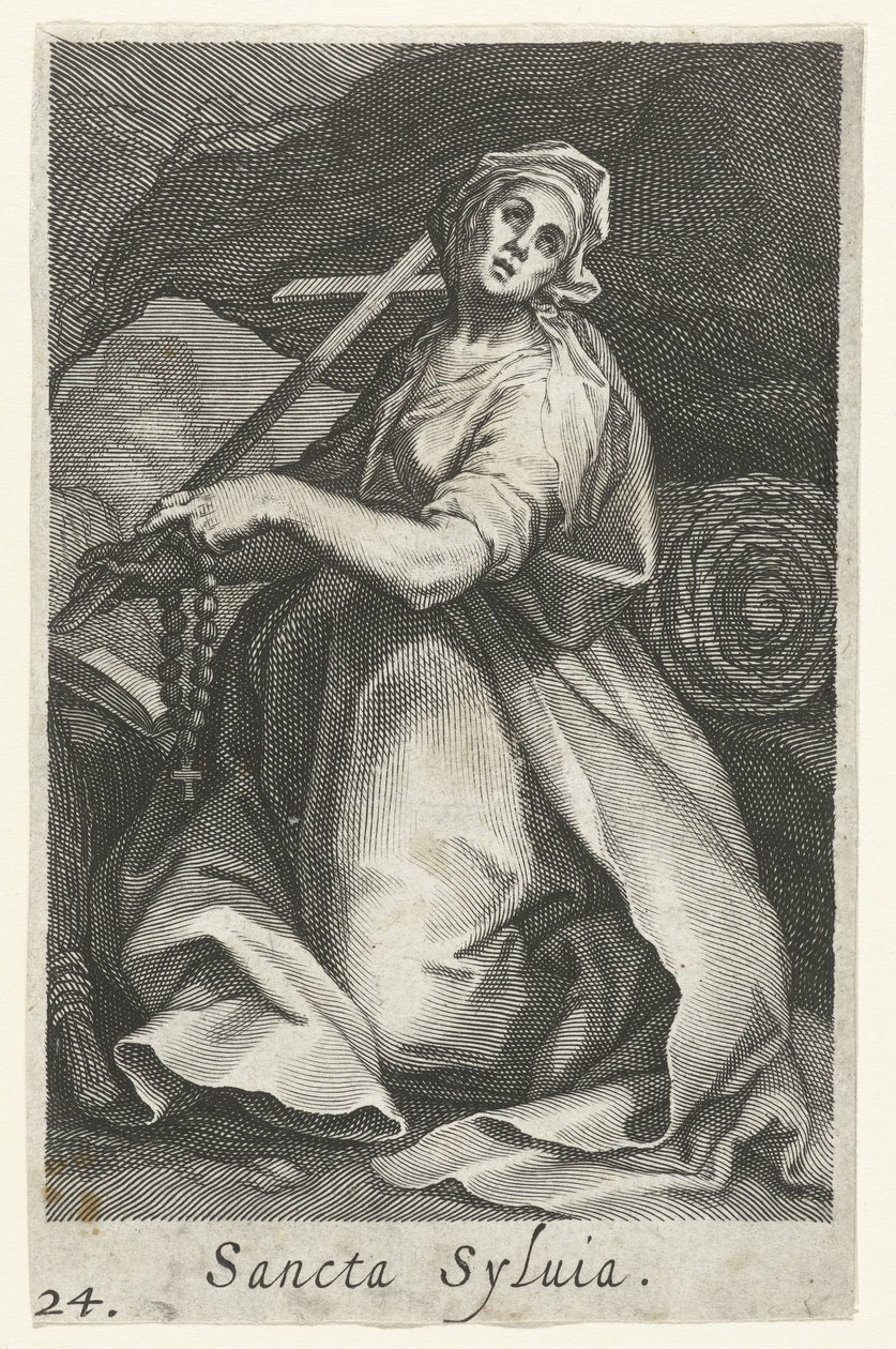 Svatá Silvie Římská jako poustevnice Sancta Syluia (název na objektu) Hermitesses (název série) Sacra Eremus Ascetriarum (název série) od Boëtius Adamsz. Bolswert