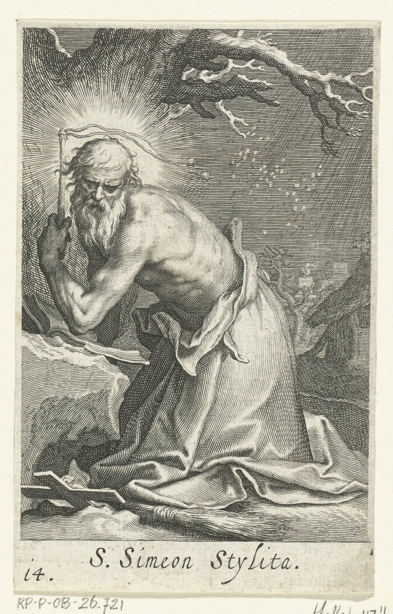 Svatý Simeon Stylites starší jako poustevník S. Simeon Stylita (název na objektu) Hermits (název série) Sacra eremvs ascetarvm (název série) od Boëtius Adamsz. Bolswert