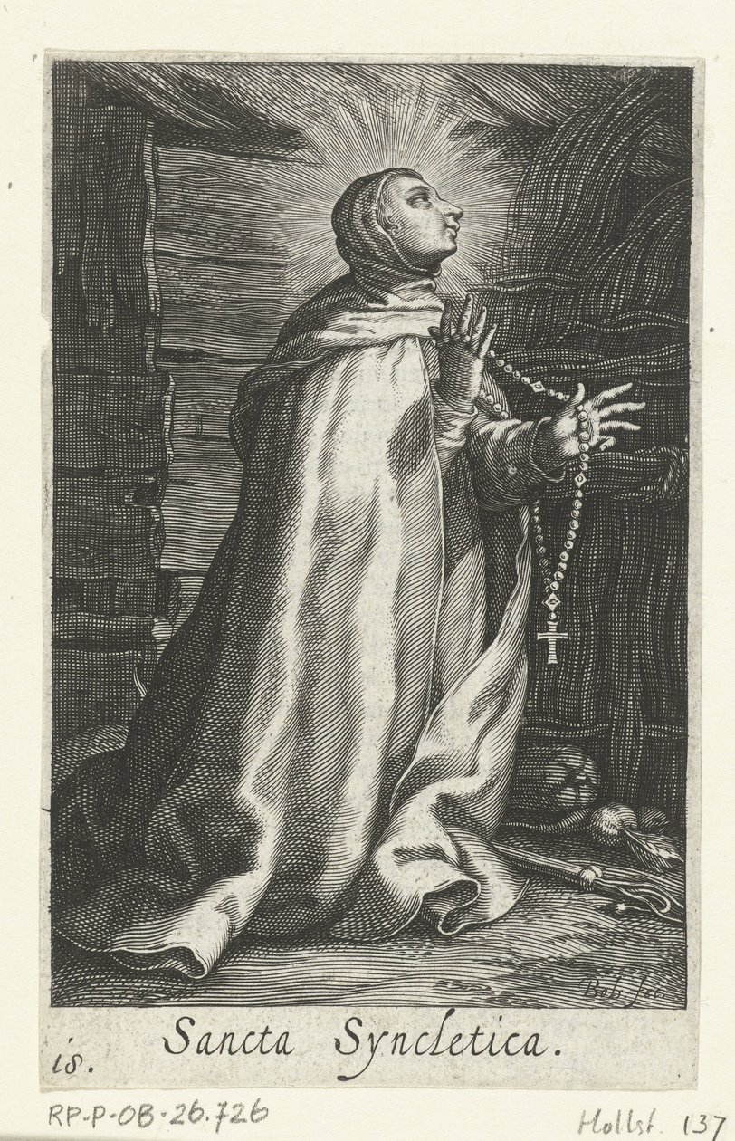 Svatá Syncletica z Alexandrie jako poustevnice Sancta Syncletica (název na objektu) Hermitesses (název série) Sacra Eremus Ascetriarum (název série) od Boëtius Adamsz. Bolswert