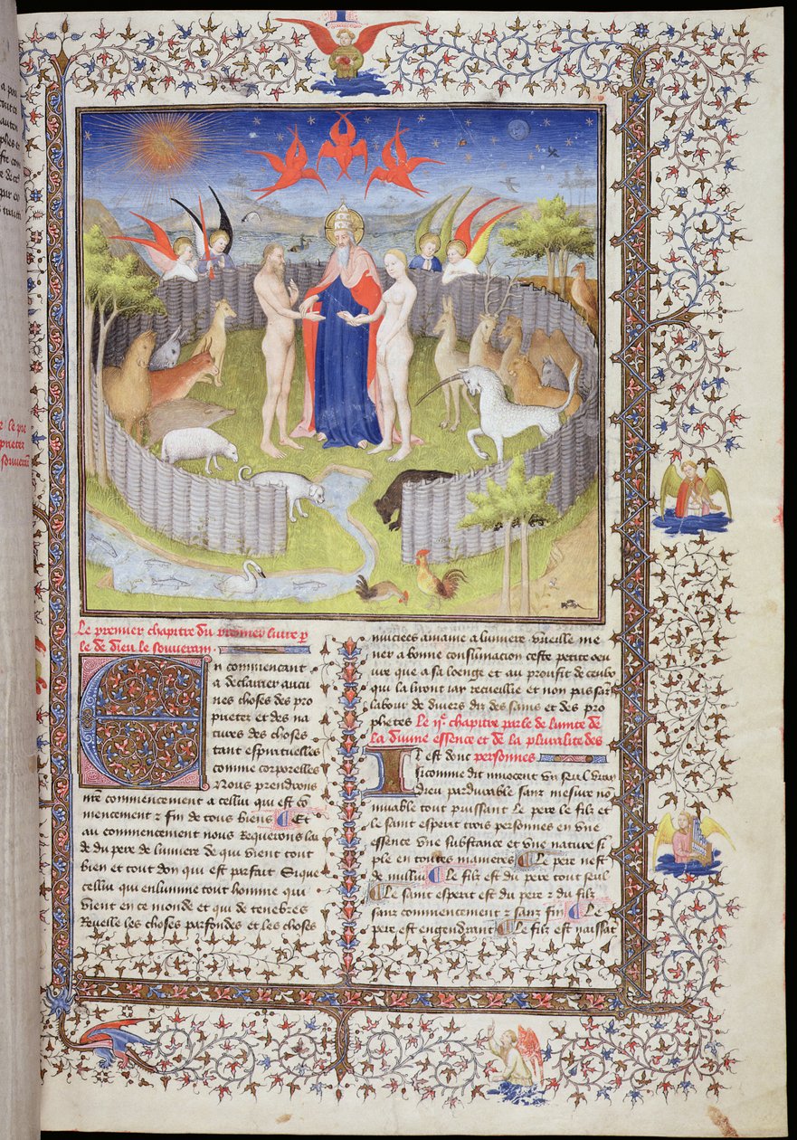 Ms 251 f.16r Manželství Adama a Evy z „Des Proprietes De Chozes“ od Jeana Corbechona, kolem 1415 (zlatolist, zlatý inkoust a tempera na pergamenu) (viz 84914) od Boucicaut Master