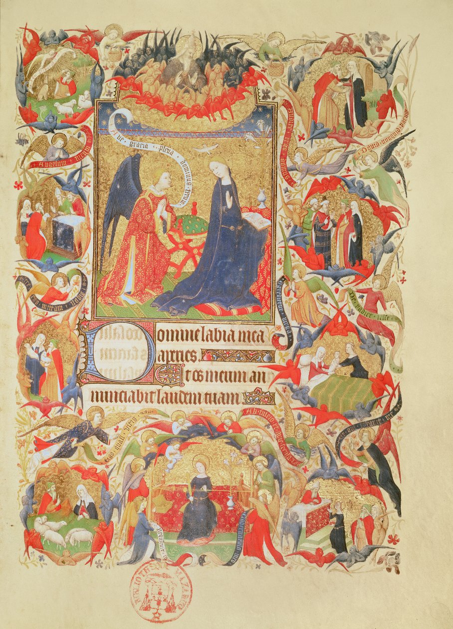 Ms 469 f.13 Zvěstování s epizodami ze života Panny Marie od Boucicaut Master
