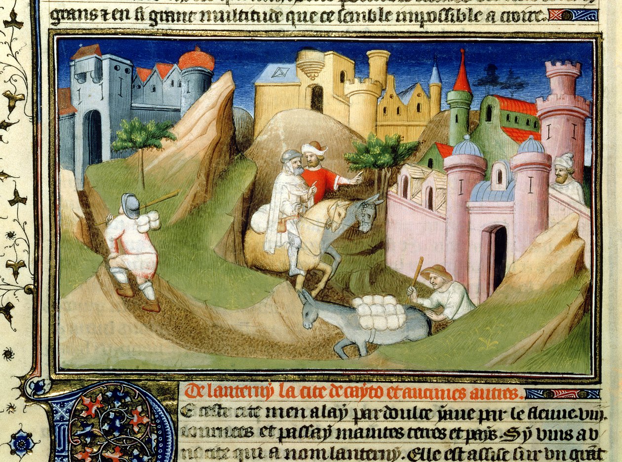 Ms Fr 2810 f.110v, Cestující před Pekingem s Odorikem de Pordenone, z "Livre des Merveilles du Monde", asi 1410-12 (tempera na pergamenu) od Boucicaut Master