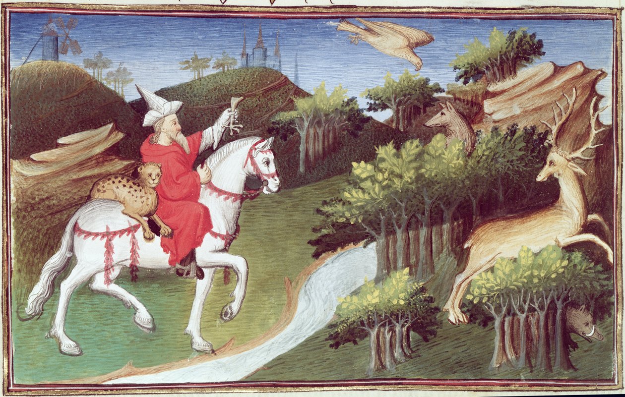 Paní Fr 2810 f.31v, Velký chán vypouští svého orla proti laně, z „Livre des Merveilles du Monde“, kolem 1410-12 (tempera na pergamenu) od Boucicaut Master