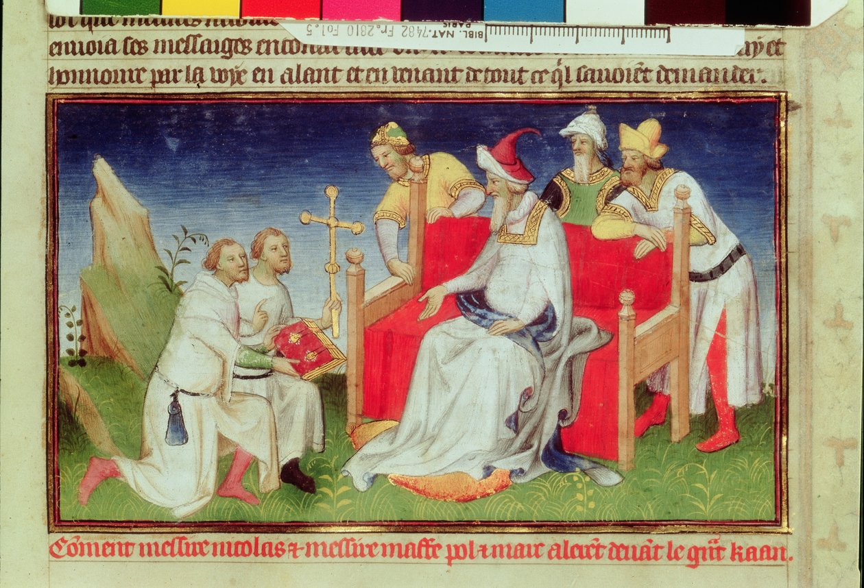 Paní Fr 2810 f.5, Nicolo a Marco Polo před Velkým chánem, z „Livre des Merveilles du Monde“, kolem 1410-12 (tempera na pergamenu) od Boucicaut Master