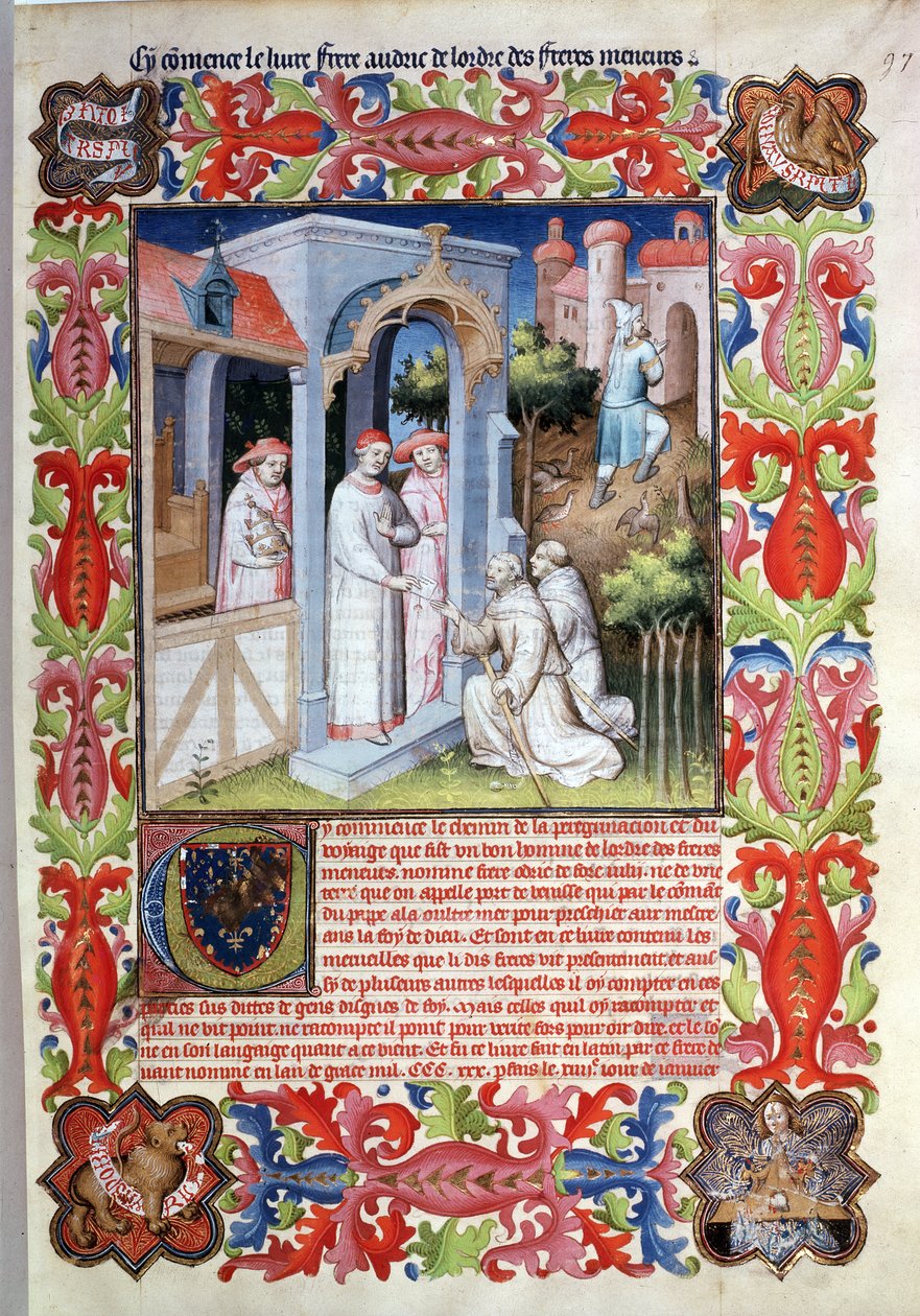 Paní Fr. 2810 f.97, Odorico da Pordenone a Jakub z Irska se rozcházejí s papežem Janem XXII. z „Livre des Merveilles du Monde“, kolem 1410-12 (tempera na pergamenu) od Boucicaut Master