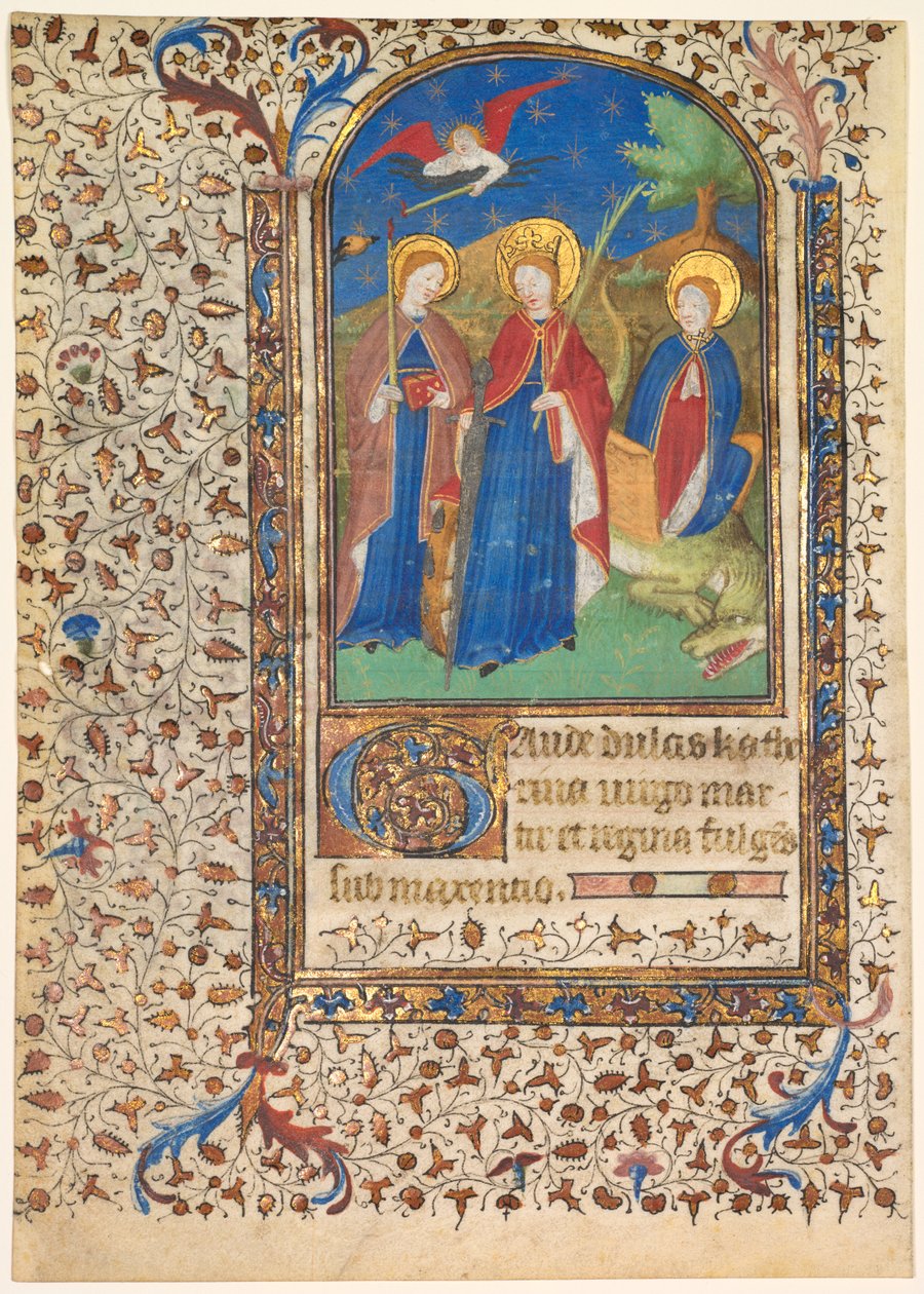 List z knihy hodin: sv. Geneviève, Kateřina Alexandrijská a Margaret recto..., c. 1415 od Boucicaut Master