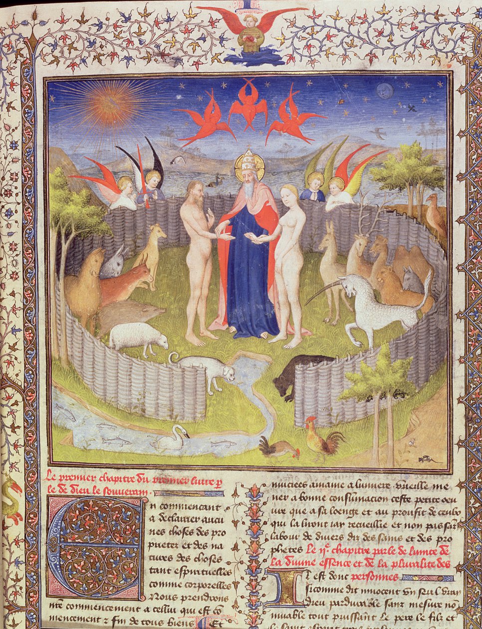 Ms 251, f.16r: Sňatek Adama a Evy z Des Proprietes De Choses, cca 1415 zlatý list, zlatý inkoust a tempera na detailu pergamenu z 276966 od Boucicaut Master