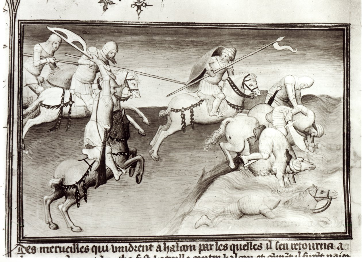Paní Fr 2810 Mongolský vůdce Hulagu, chán Ilkhanátu pronásleduje svého bratrance Berkeho, chána z Kipčaku neboli Zlaté hordy v roce 1262 a přinutí ho do řeky, z Livre des Merveilles du Monde, kolem 1410- od Boucicaut Master