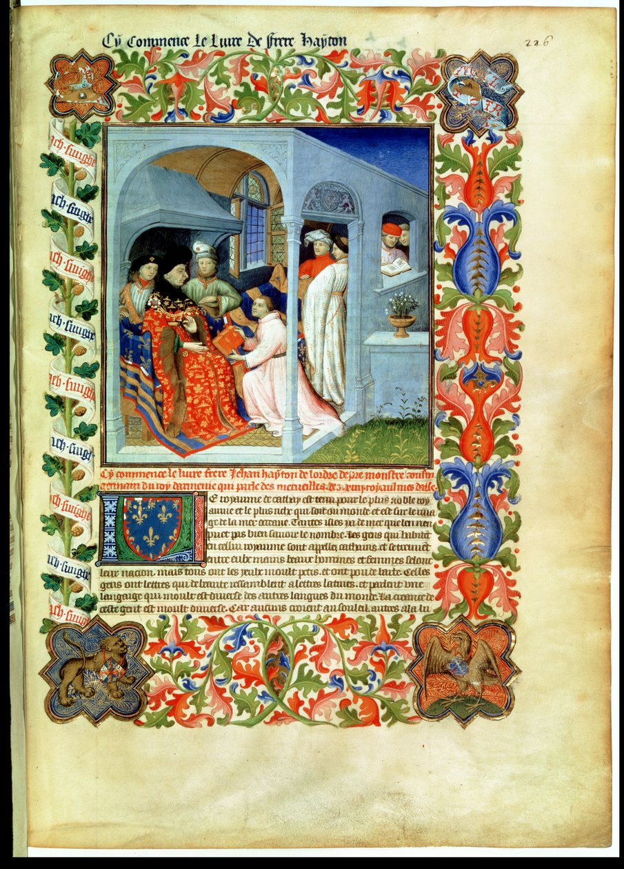 Paní Fr 2810 f.226, bratr Hayton představuje svou knihu Jean Sans Peur z „Livre des Merveilles du Monde“, kolem 1410-12 (tempera na 1vellum) od Boucicaut Master
