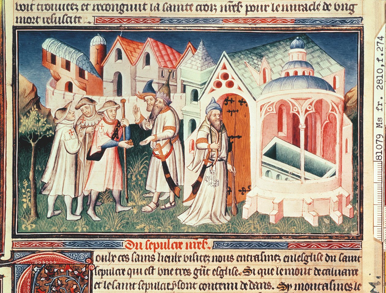 Ms Fr 2810 fol.274, Poutníci před chrámem Božího hrobu v Jeruzalémě, z "Livre des Merveilles de Monde", asi 1410-12 (tempera na pergamenu) od Boucicaut Master