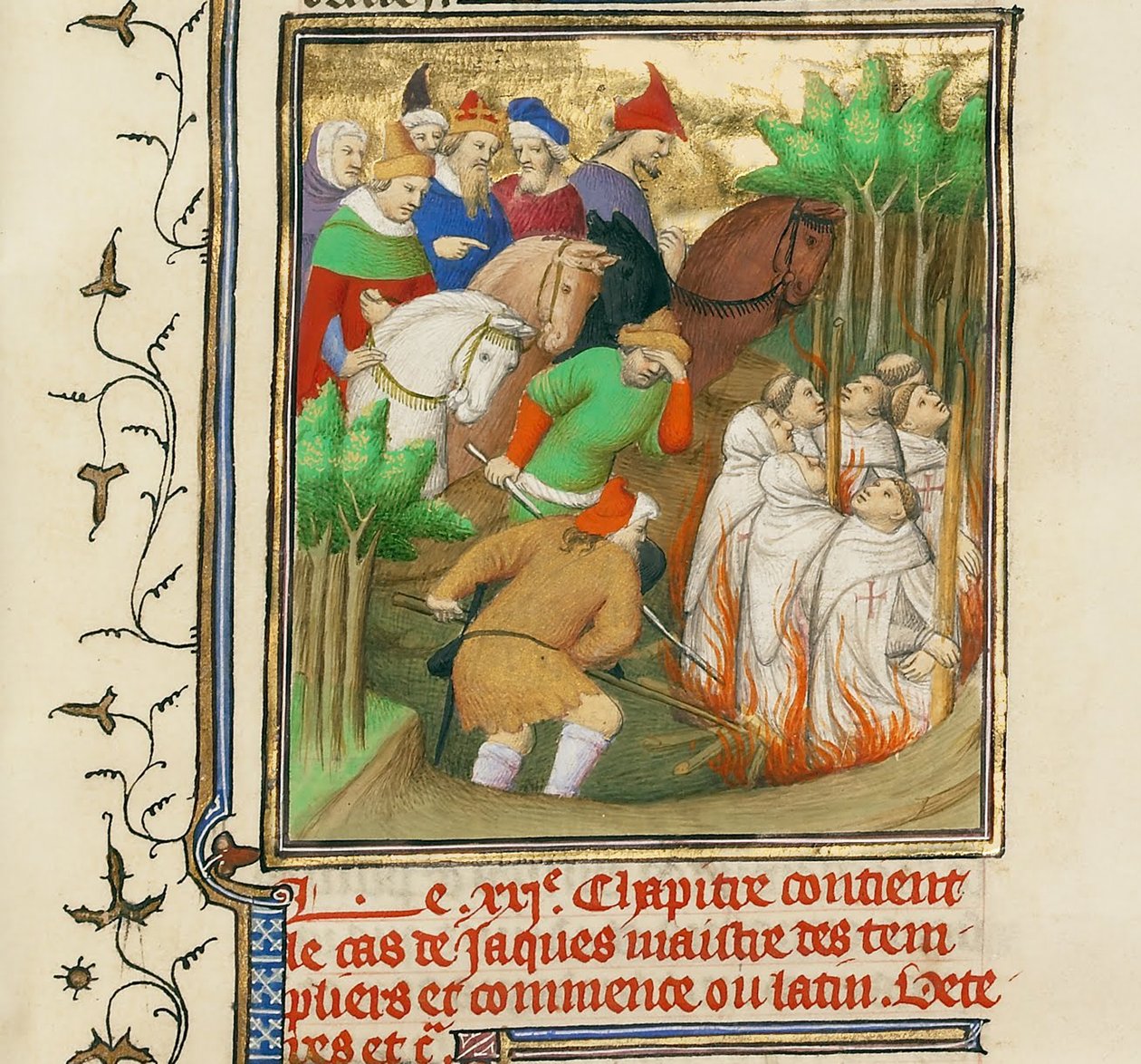 Templářští rytíři upáleni za přítomnosti Filipa Sličného a jeho dvořanů, cca 1413-1415 od Boucicaut Master,