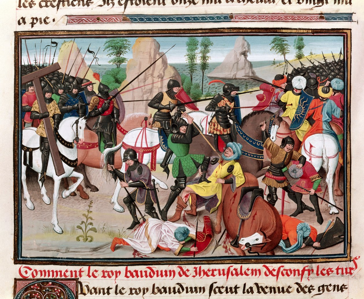 Ms 5089-90 Bitva mezi králem Balduinem I. (asi 1058-1118) a Turky, z Chroniques des empereurs od Davida Auberta, 1462 od Brabant School