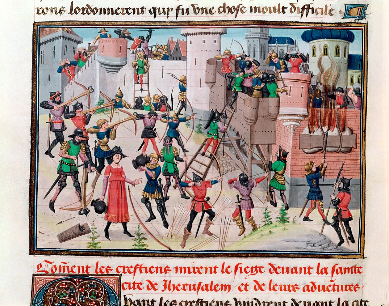 Ms 5089-90 Obléhání Jeruzaléma křesťany během jedné z křížových výprav, z Chroniques des empereurs od Davida Auberta, 1462 od Brabant School