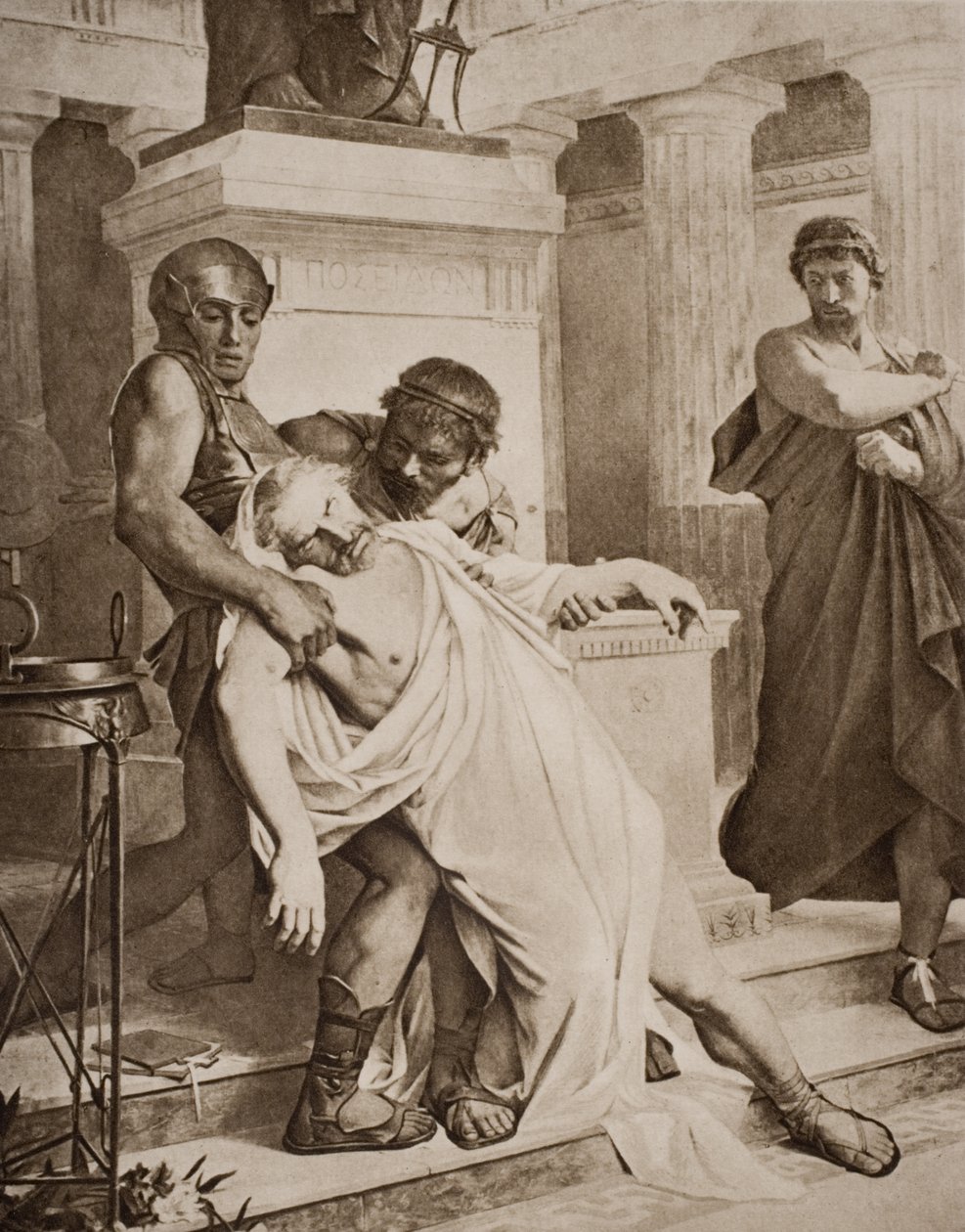 The Death of Demosthenes, ilustrace z „Nástin historie“ od H. G. Wellse, svazek I, vydané v roce 1920 od Bramtott