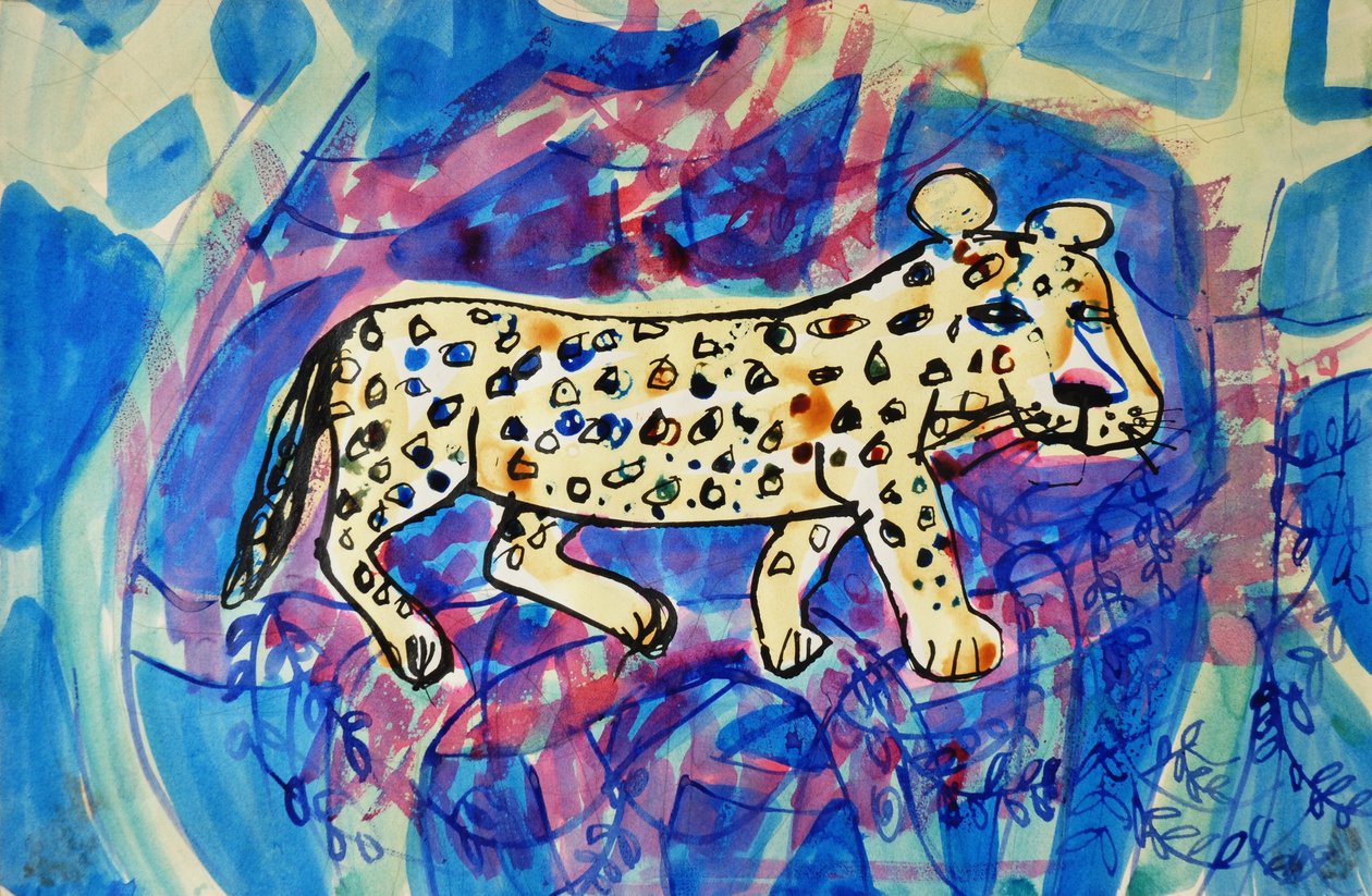 Leopard (akrylová barva plakátu a barevné inkousty) od Brenda Brin Booker