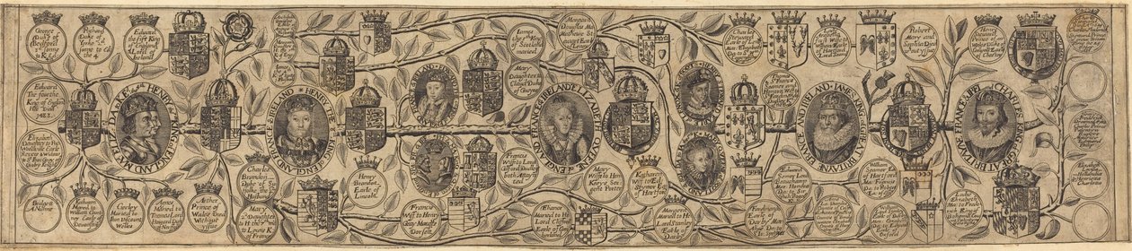 Rodokmen s portréty Jindřicha VII., Jindřicha VIII., Alžběty, Jakuba a Karla od British 17th Century
