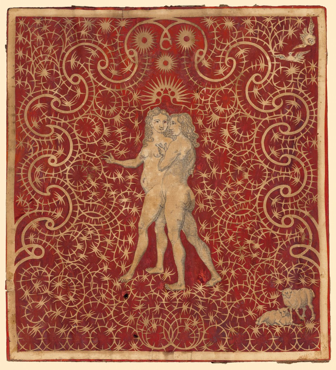 Adam a Eva v zahradě s párem ovcí a párem holubic od British 18th Century