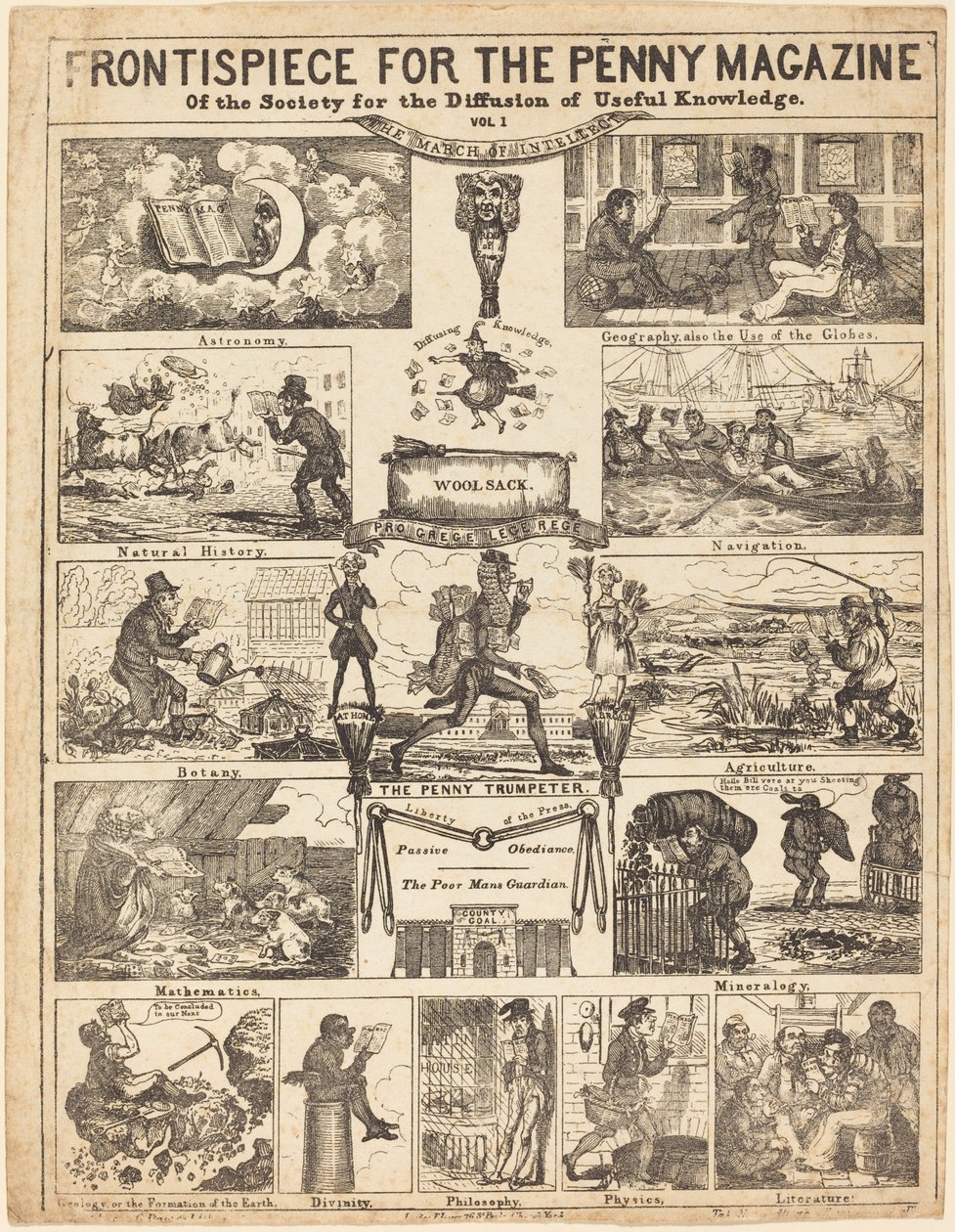 Frontispis pro časopis Penny Společnosti pro šíření znalostí: Vo od British 19th Century