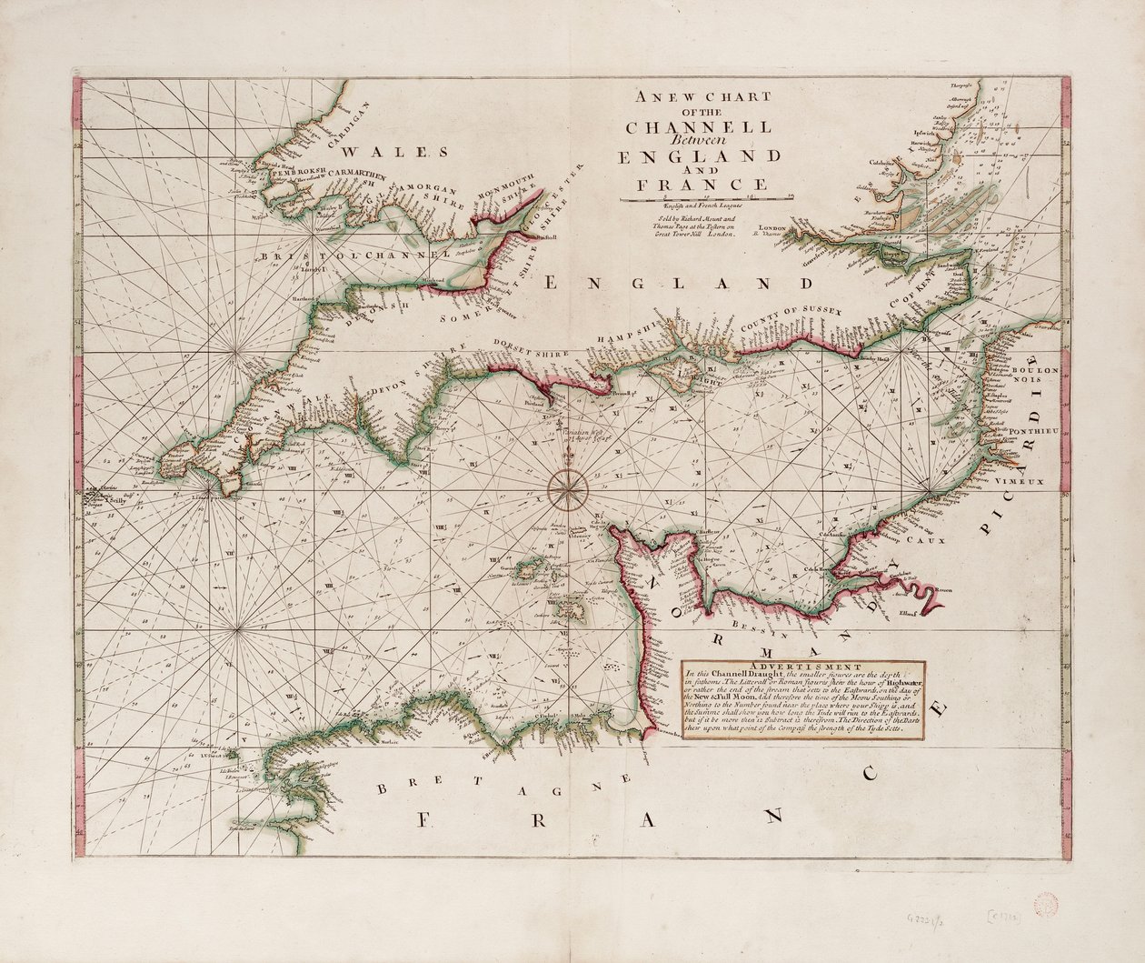 Mapa Lamanšského průlivu mezi Anglií a Francií od British School
