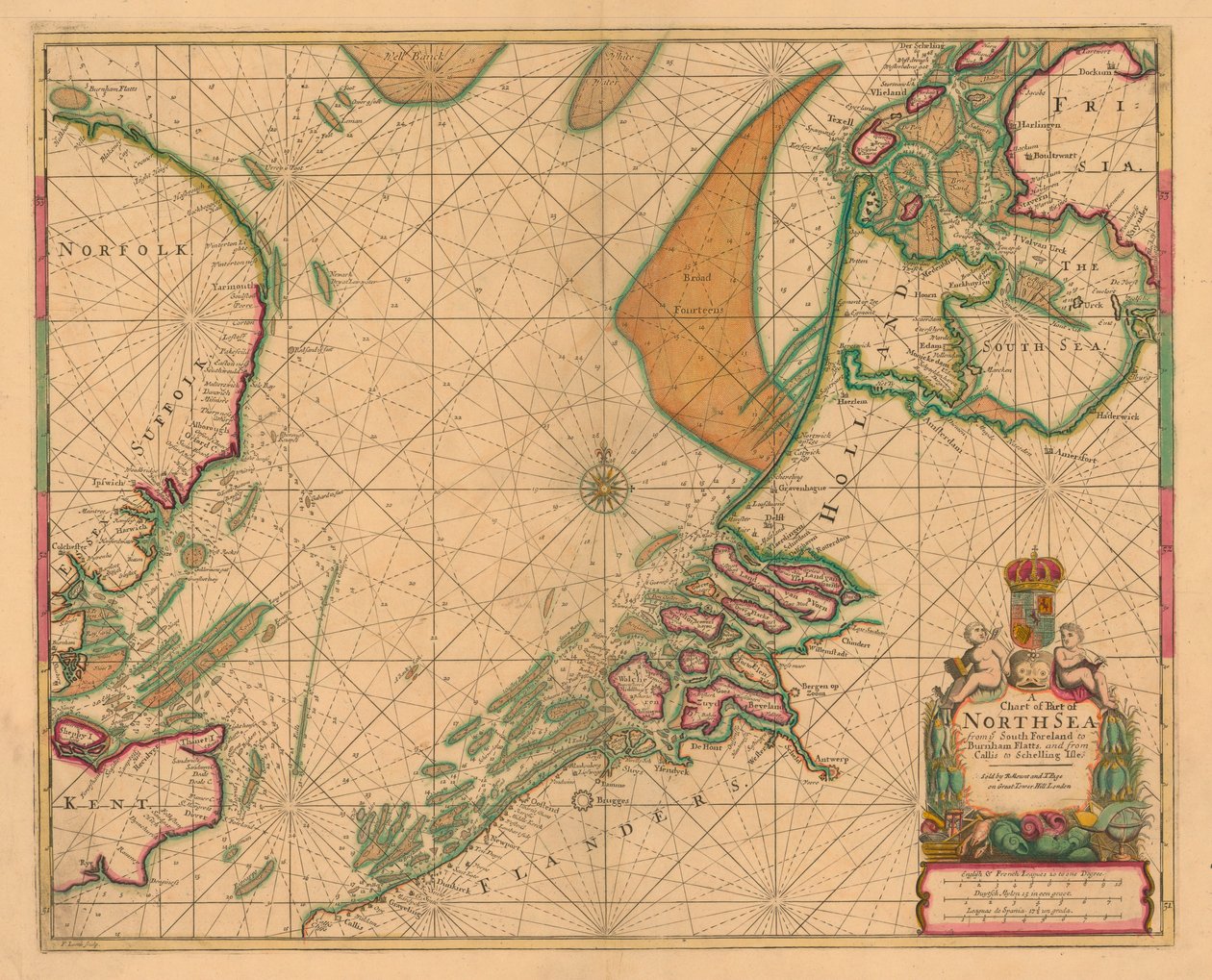Mapa Severního moře od South Forelandu po Burnham Flatts a od Callisu po Schellingův ostrov, asi 1700 (kolorovaná rytina) od British School