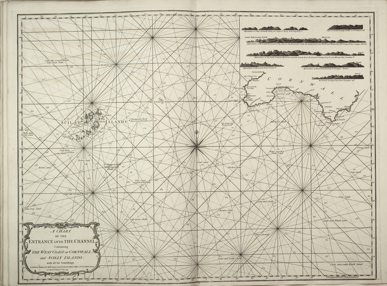 Mapa vstupu do Lamanšského průlivu se západním pobřežím Cornwallu a Scillyho ostrovů se všemi sondami. od British School
