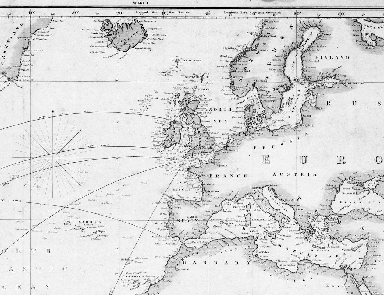 Generální mapa pro vytyčení lodní trasy z Anglie na jih a kolem světa (detail) od British School