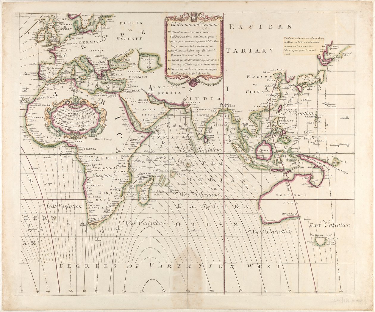 Nová a správná námořní mapa celého světa s vyznačením odchylek kompasu, jak byly zjištěny v roce 1700. od British School