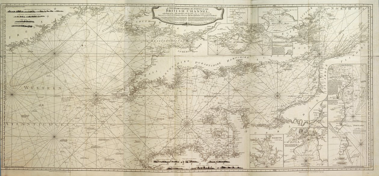 Nový hydrografický přehled britského Lamanšského průlivu s částí Atlantského oceánu až po mys Clear, vylepšený podle velké mapy zesnulého královského geografa Thomase Jefferyho. od British School