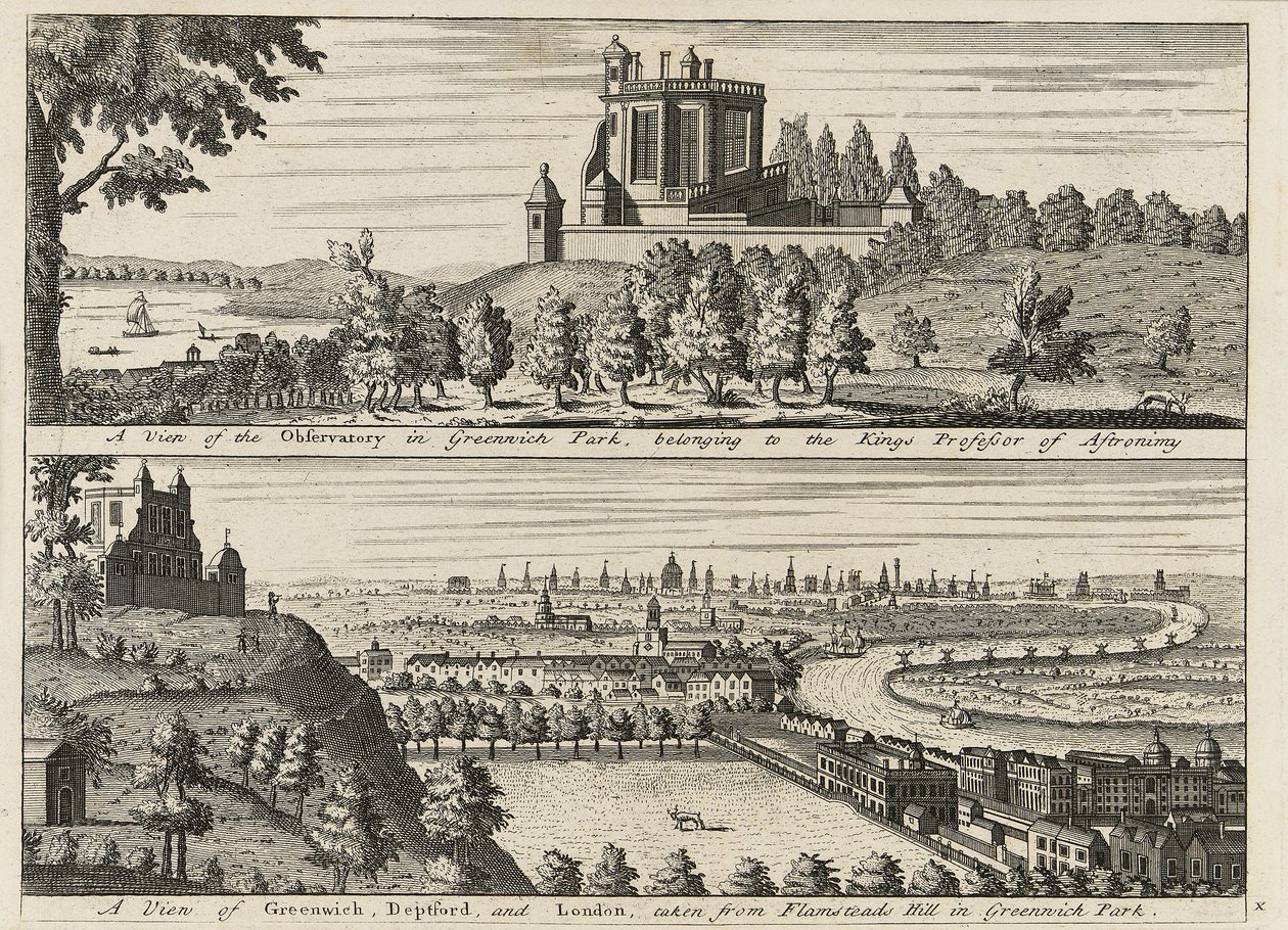 "Pohled na hvězdárnu v Greenwichském parku...[a] Pohled na Deptford a Londýn z kopce Flamsteed v Greenwichském parku", asi 1750 (rytina) od British School