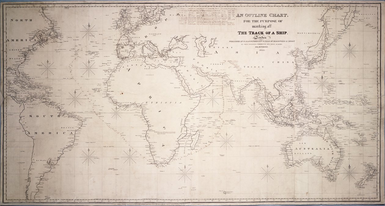 Obrysová mapa, která slouží k vyznačení dráhy lodi. od British School