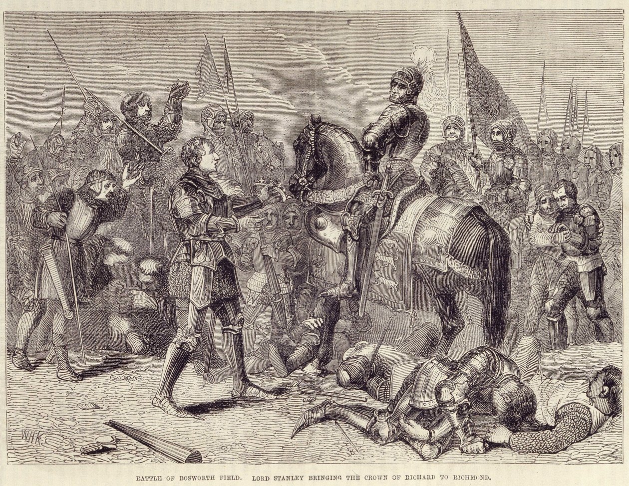 Bitva o pole Bosworth. Lord Stanley přináší do Richmondu korunu Richarda III. (1485): konec války dvou růží - v „“ Cassellově ilustrované historii Anglie“, sv. II, William Howitt od British School