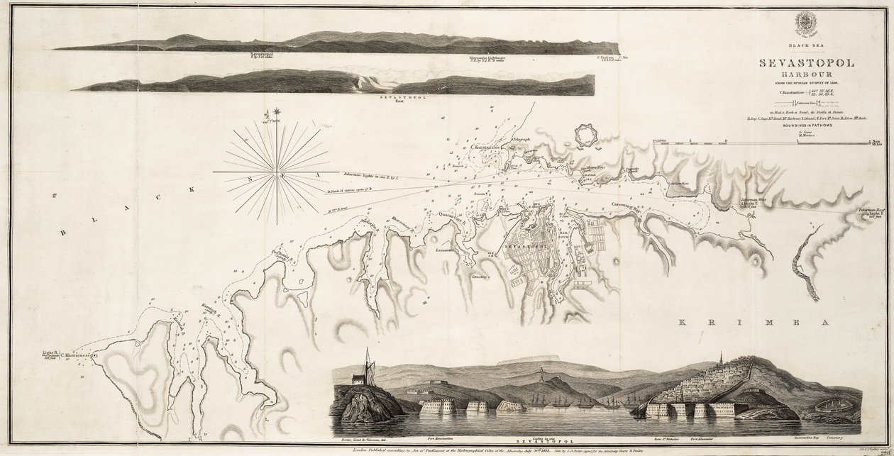 Přístav Sevastopol v Černém moři z ruského průzkumu z roku 1836 od British School
