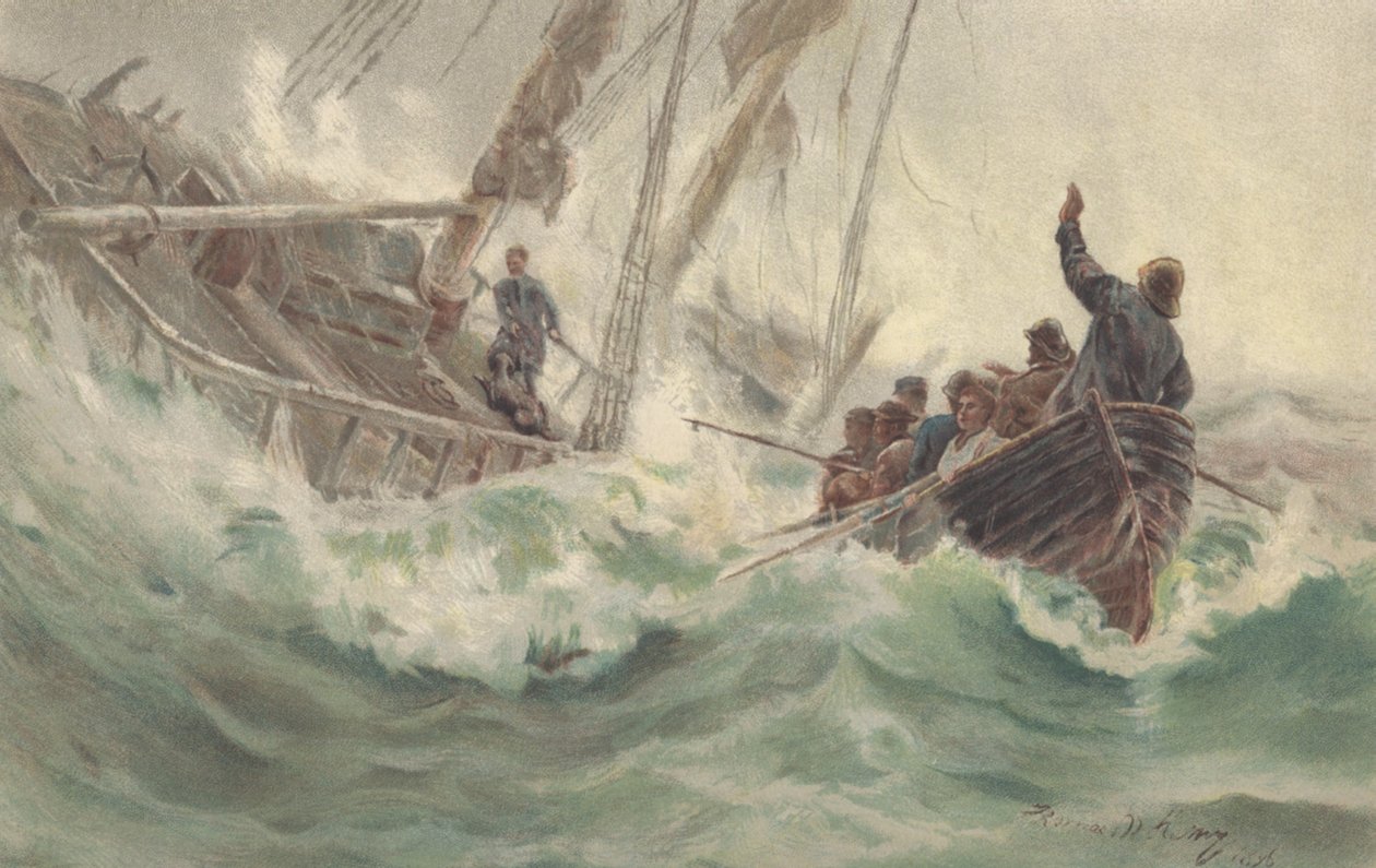 Kapitán a jeho věrný pes se potopí se ztroskotanou lodí, zatímco posádka uniká (barva litho) od British School