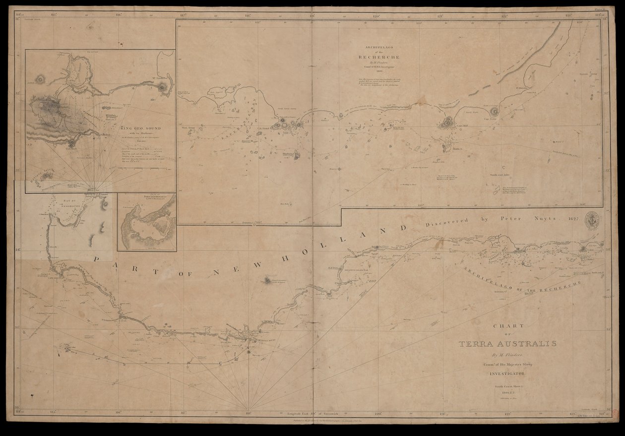 Mapa Terra Australis od M. Flinderse, velitele šalupy Jeho Veličenstva "Investigator". Jižní pobřeží List I 1801 od British School