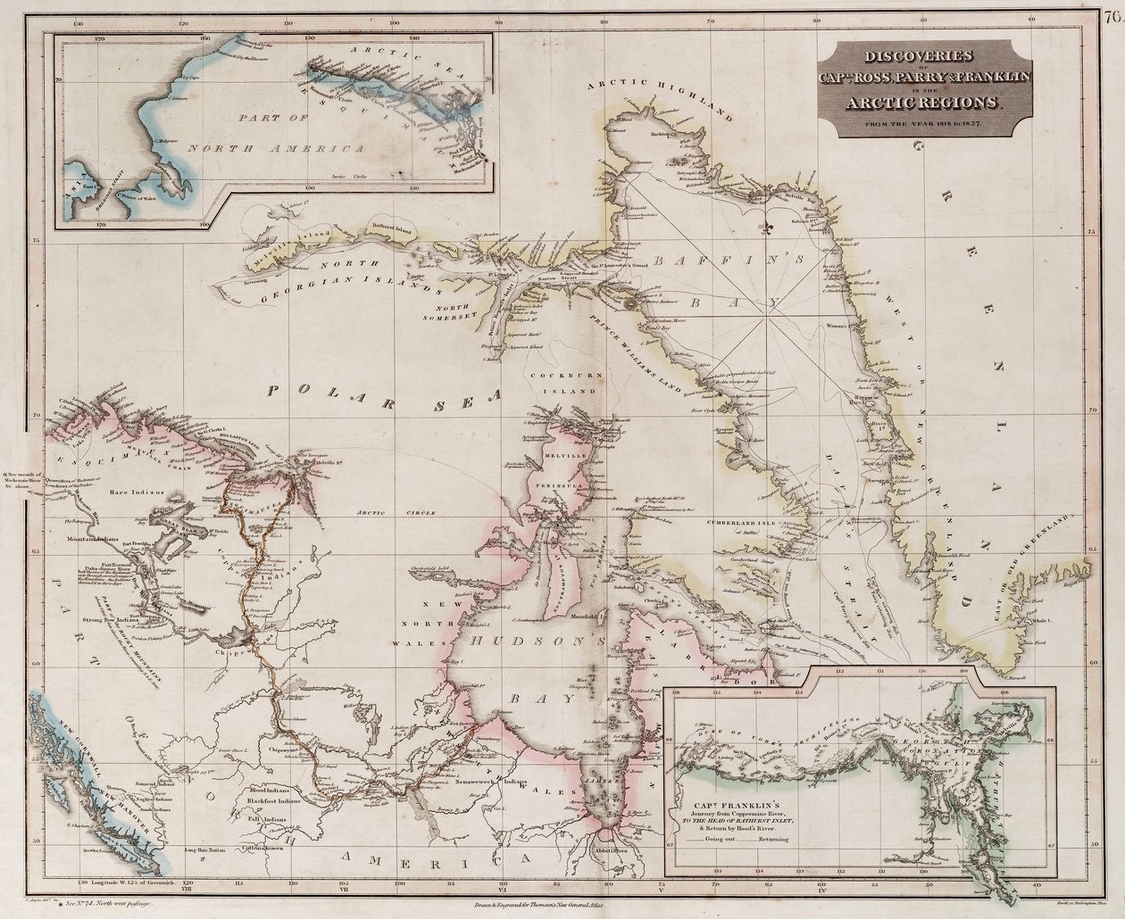 Graf zobrazující objevy Rosse, Parryho a Franklina v Arktidě v letech 1818-1827, asi 1830 (kolorovaná rytina) od British School