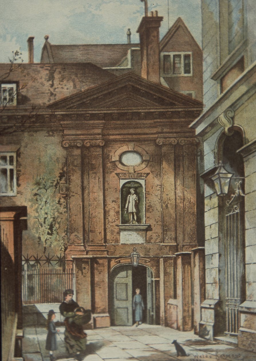 Kristova nemocnice pro sirotky, Newgate Street, Londýn, kolem roku 1885 (barevné lito) od British School