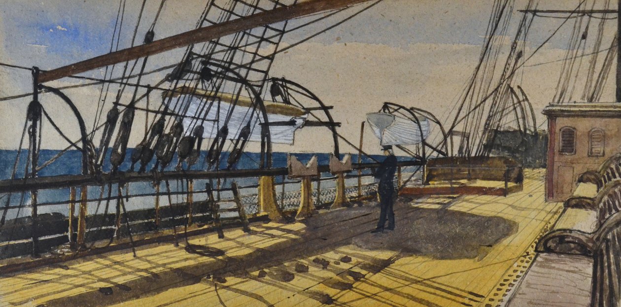 Paluba S S Don společnosti Royal Steam Packet Line na cestě do Demerary, napsaná, kolem 1880-90 (akvarel) od British School