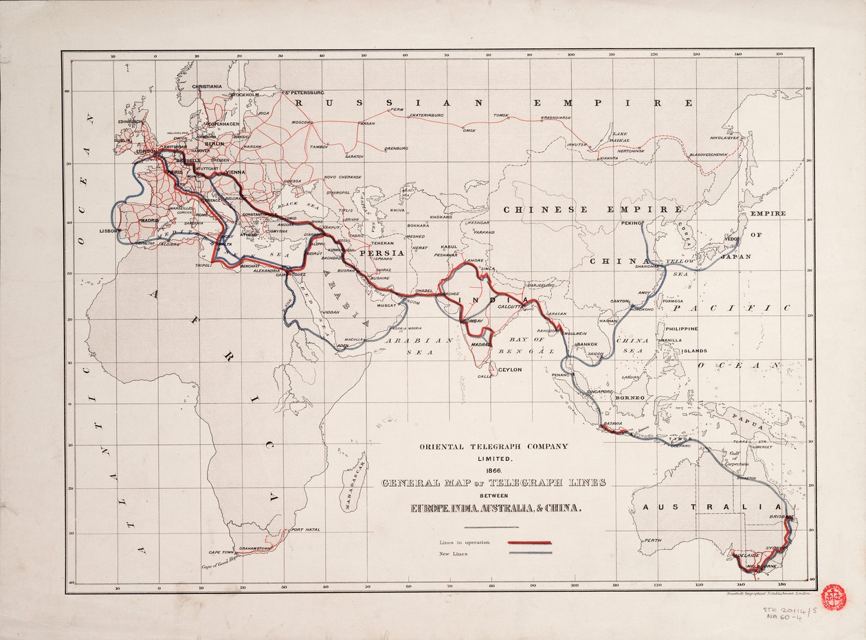 Obecná mapa telegrafních linek mezi Evropou, Indií, Austrálií a Čínou od British School