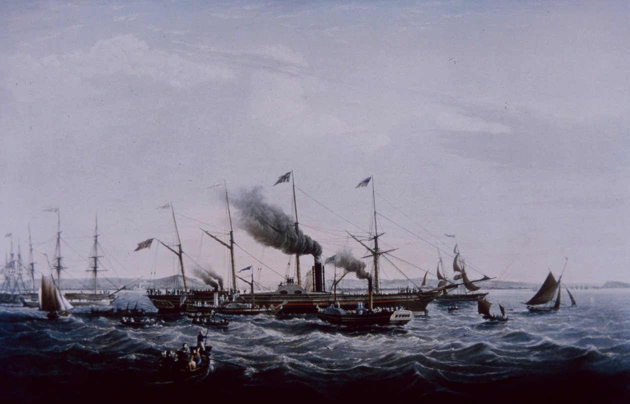 Great Western parník, navržený Brunelem, dokončen v Bristolu 1837 (barevné lito) od British School