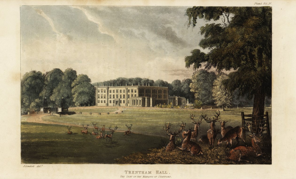 Stádo jelenů před Trentham Hall od British School