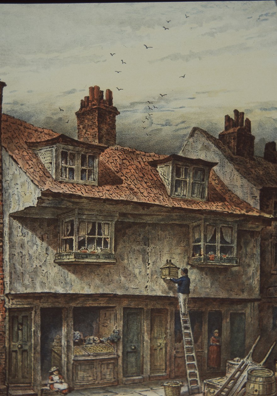 Domy na Saffron Hill, Londýn, mezi Holborn a Clerkenwell, kolem roku 1883 (barevné lito) od British School