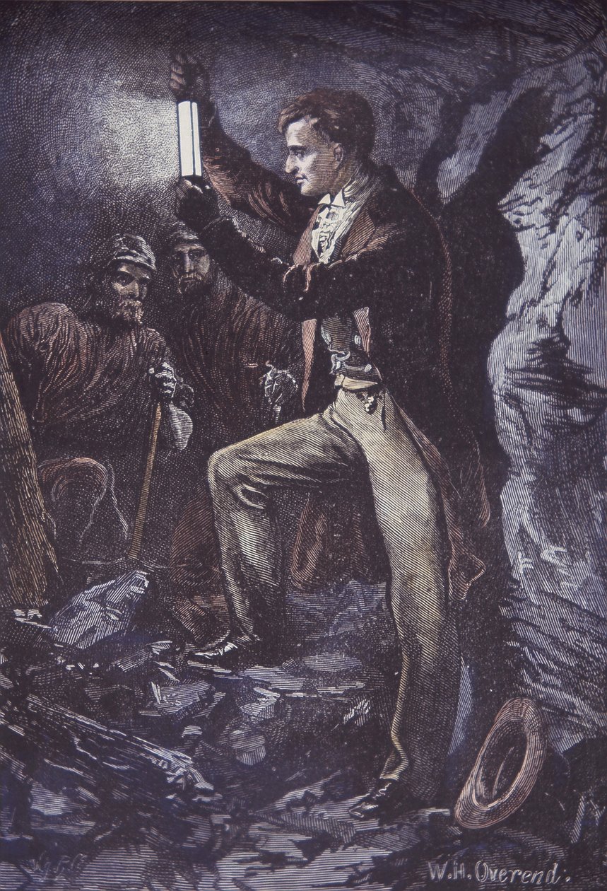 Humphry Davy s bezpečnostní lampou Davy pro horníky, vynalezená v roce 1815 (ručně kolorovaná dřevorytina) od British School