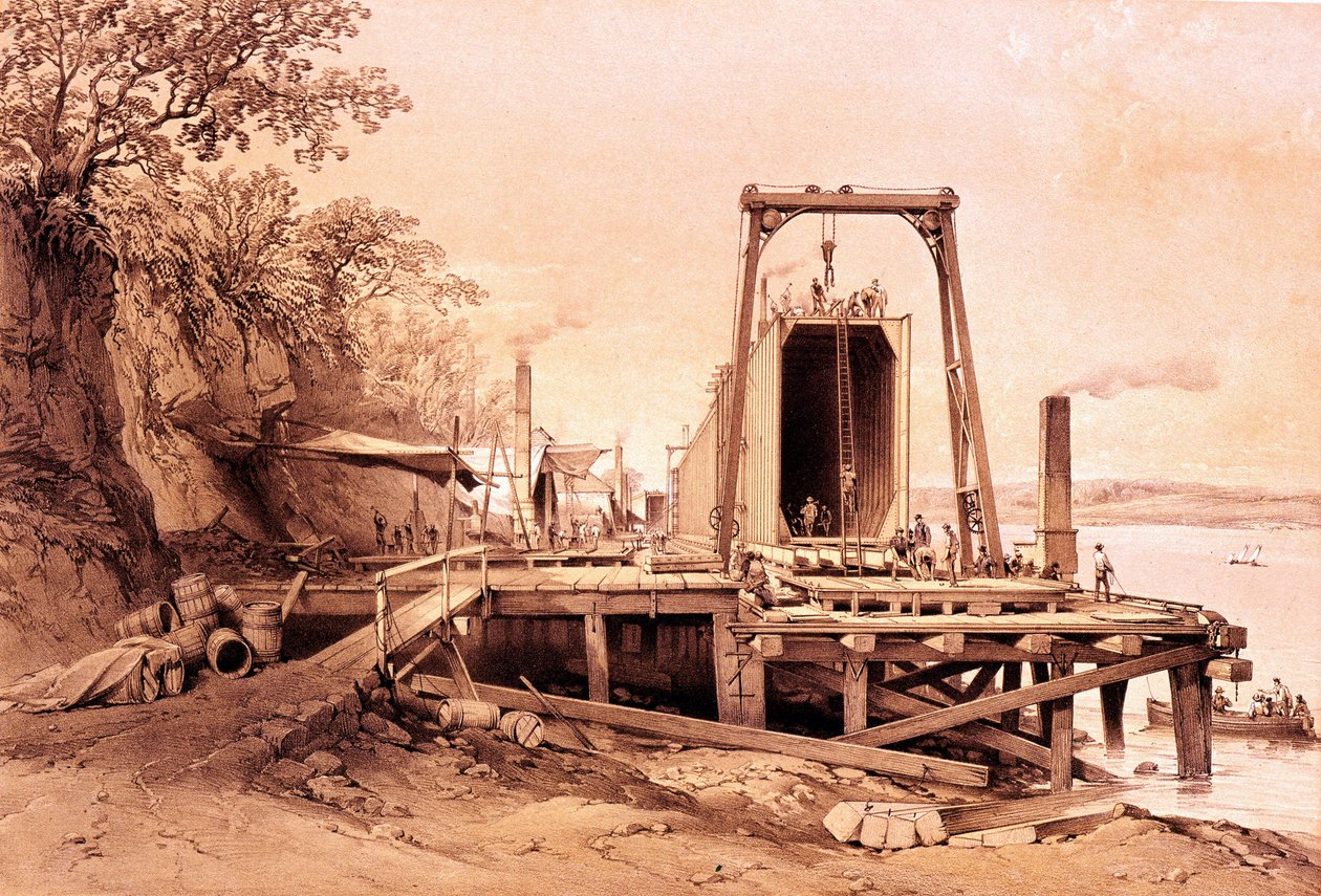 Průmyslová revoluce: instalace prefabrikovaného mostu. Rytina z "Britannia and Conway Tubular Bridges"" od British School