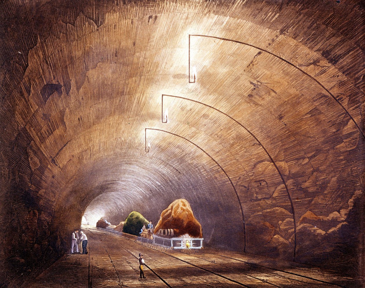 Průmyslová revoluce: železniční tunel na trati Manchester - Liverpool. Deska převzata z "" Liverpool and Manchester Railway ", Londýn 1832. od British School